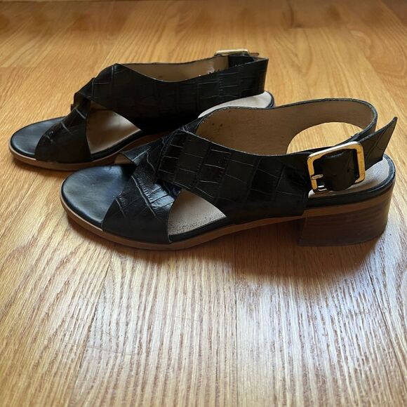 Minelli Block Heel Sandals Size 36 Black Crocodile Leather Cross Strap Peep Toe - Picture 2 of 8
